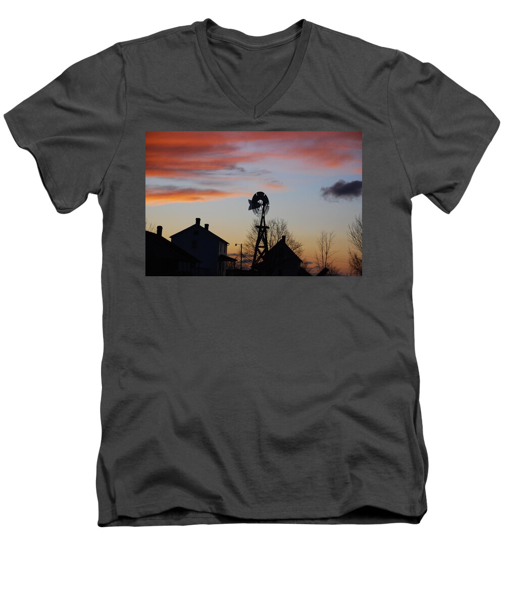 Sunset Men's V-Neck T-Shirt featuring the photograph Windmill Sunset by Wanda Jesfield