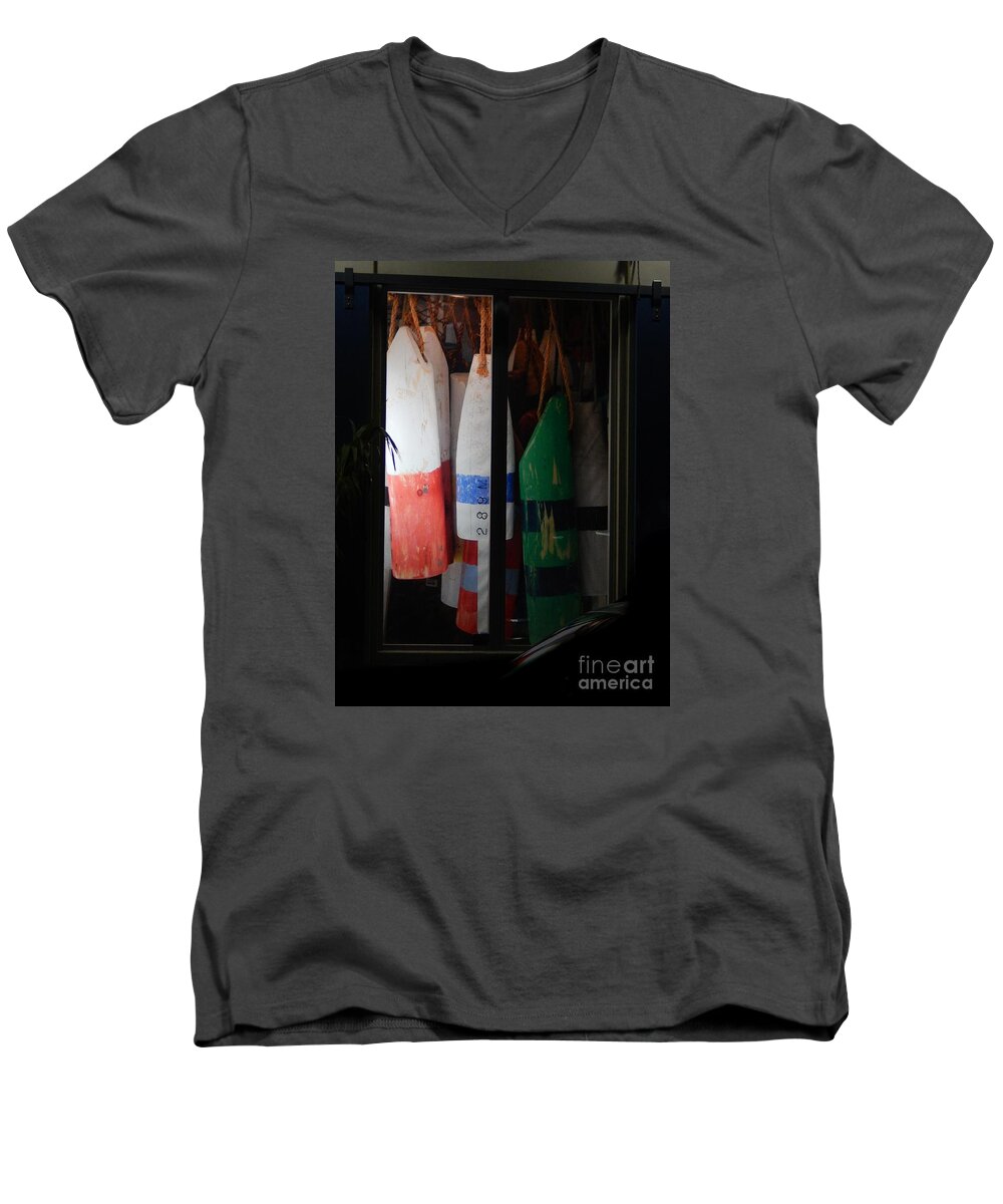 Buoys Displayed Side By Side Inside A Display Window In Downtown Key West .evening Men's V-Neck T-Shirt featuring the photograph Window Buoys key West by Priscilla Batzell Expressionist Art Studio Gallery