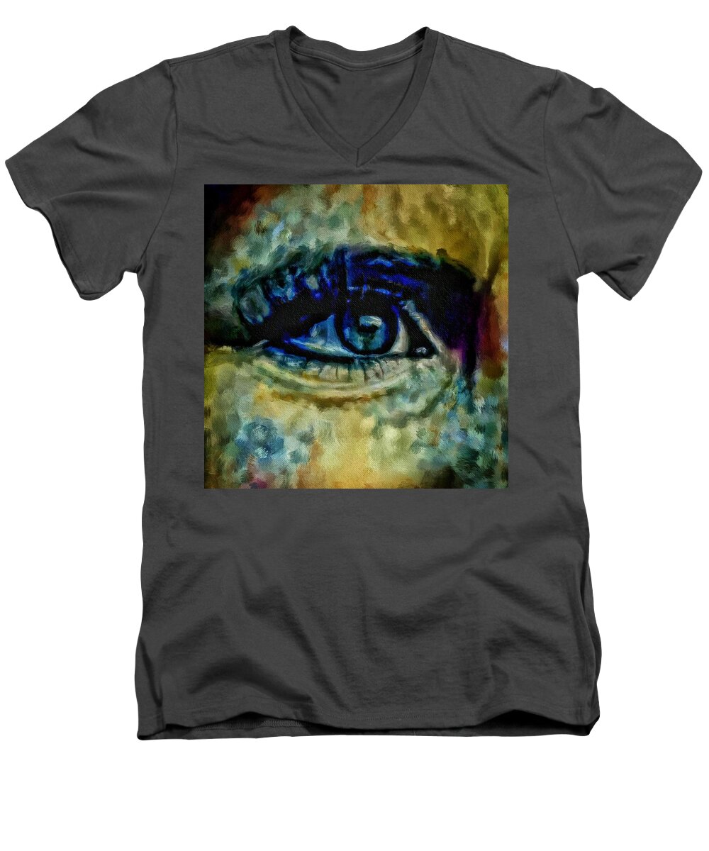 Windows Into The Soul Eye Painting Closeup Men's V-Neck T-Shirt featuring the painting Windows Into The Soul Eye Painting Closeup All Seeing Eye In Blue Pink Red Magenta Yellow Eye Of Go by MendyZ