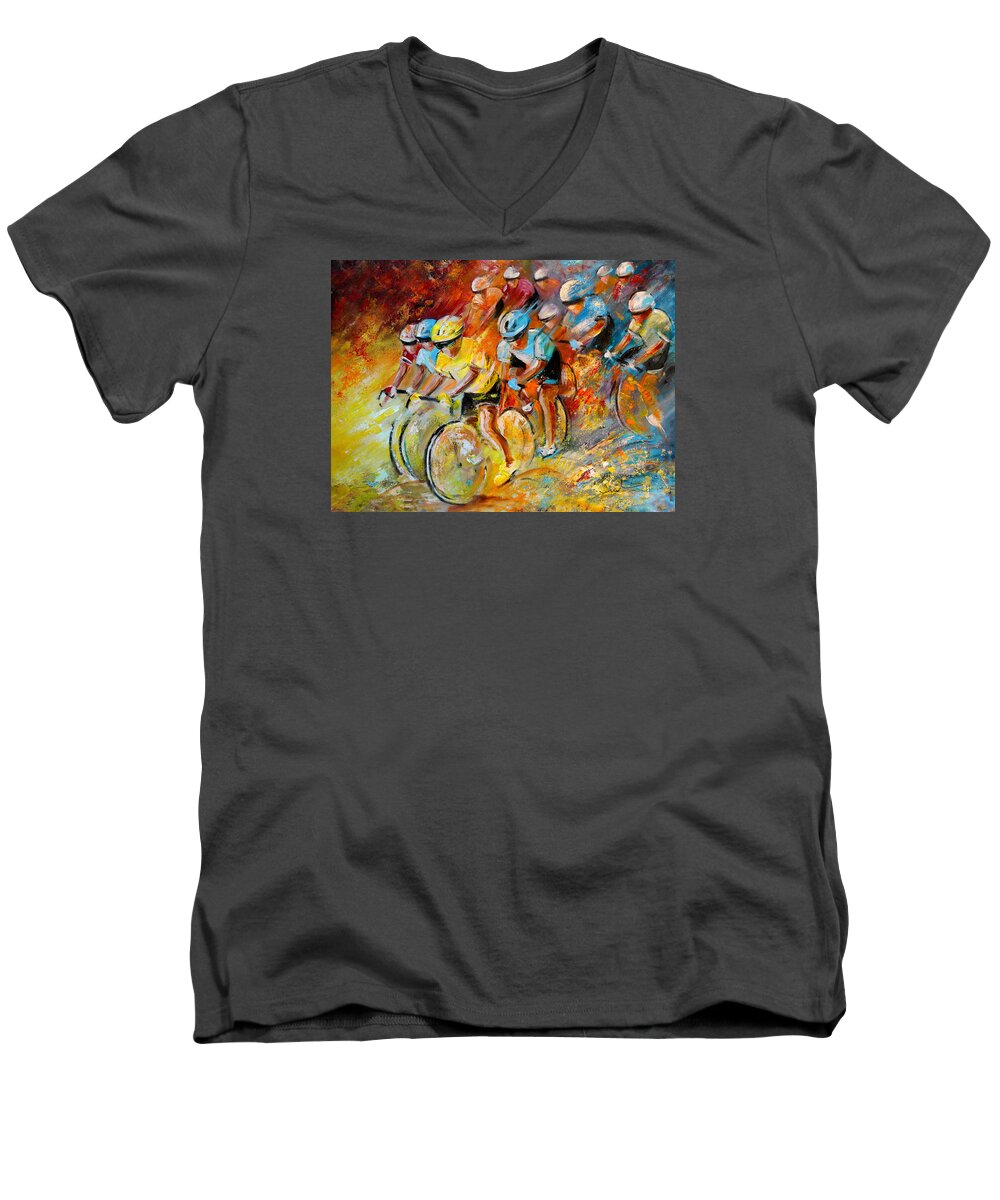 Sports Men's V-Neck T-Shirt featuring the painting Winning The Tour De France by Miki De Goodaboom