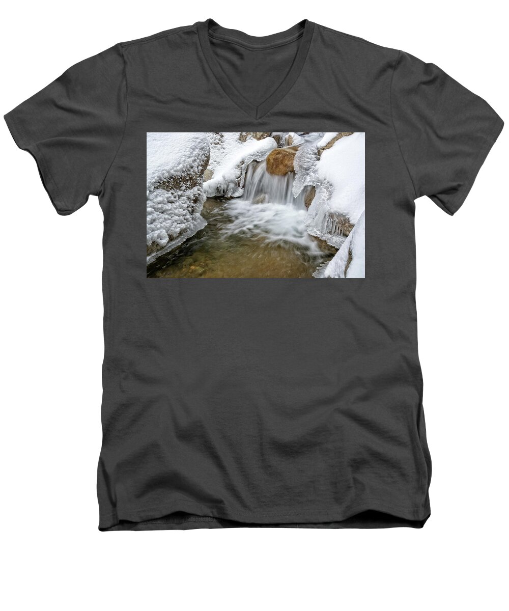 Pemigewasset River Nh Men's V-Neck T-Shirt featuring the photograph Winter Cascade NH by Michael Hubley