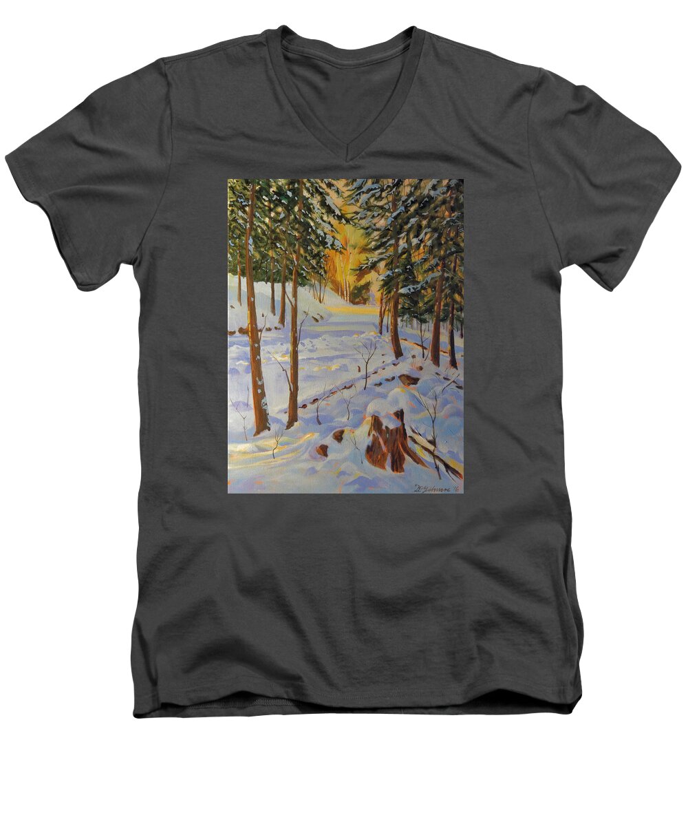 Canadian Shield Men's V-Neck T-Shirt featuring the painting Winter on the Lane by David Gilmore
