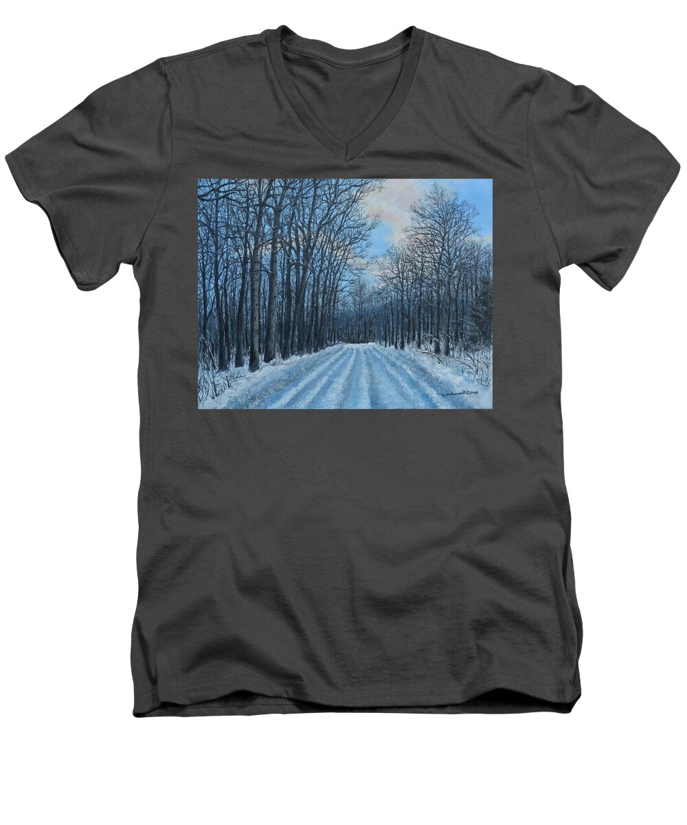 Forest Road Men's V-Neck T-Shirt featuring the painting Winter Road to the Gas Well by Kathleen McDermott