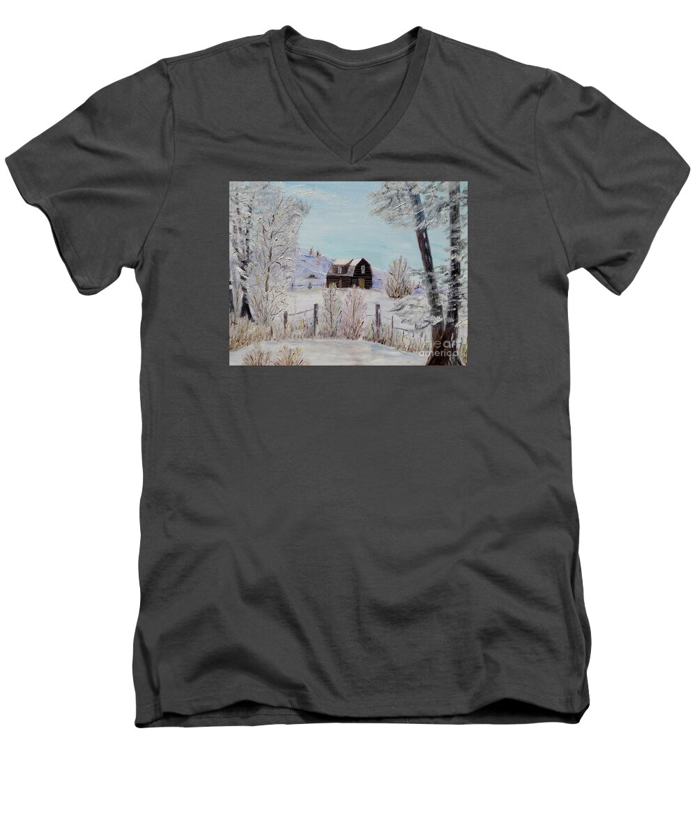 Winter Men's V-Neck T-Shirt featuring the painting Winter solace by Marilyn McNish