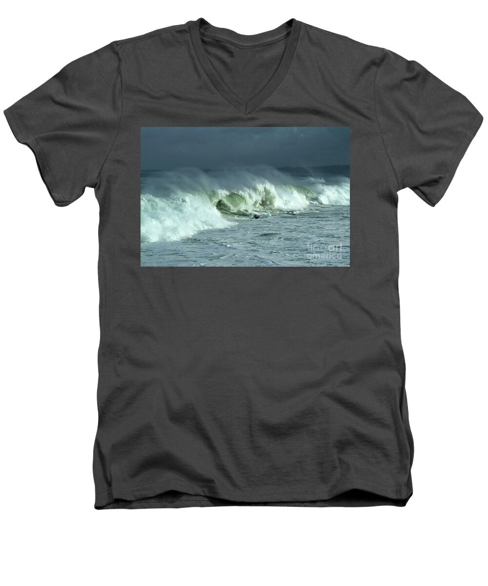 Monterey Men's V-Neck T-Shirt featuring the photograph Winter Surf on Monterey Bay by Charlene Mitchell