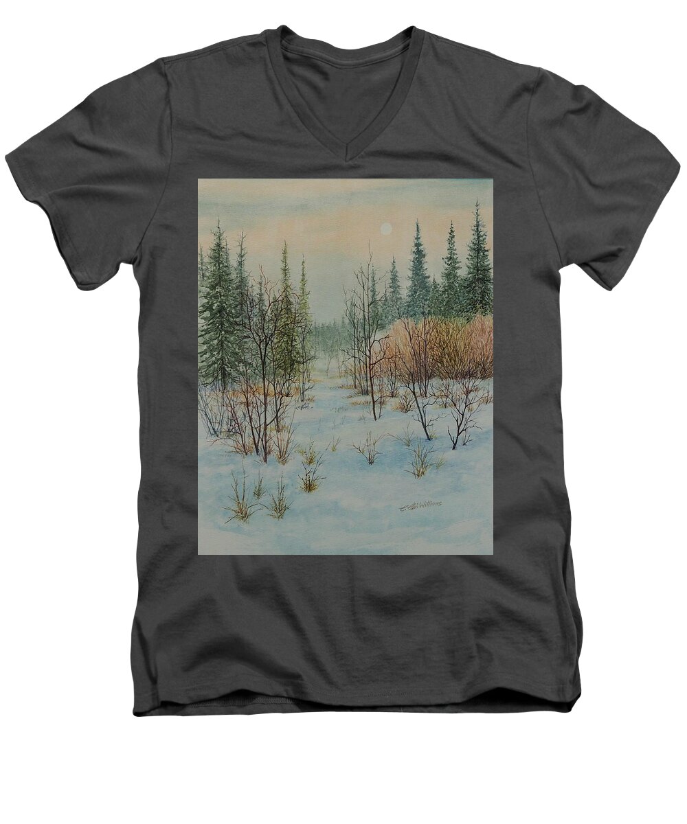 Watercolor Men's V-Neck T-Shirt featuring the painting Winter Trail Alberta by E Colin Williams ARCA