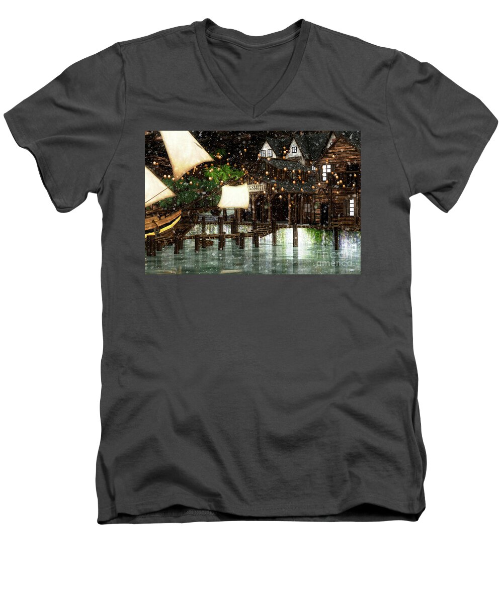 Inn Men's V-Neck T-Shirt featuring the digital art Wintery Inn by Digital Art Cafe