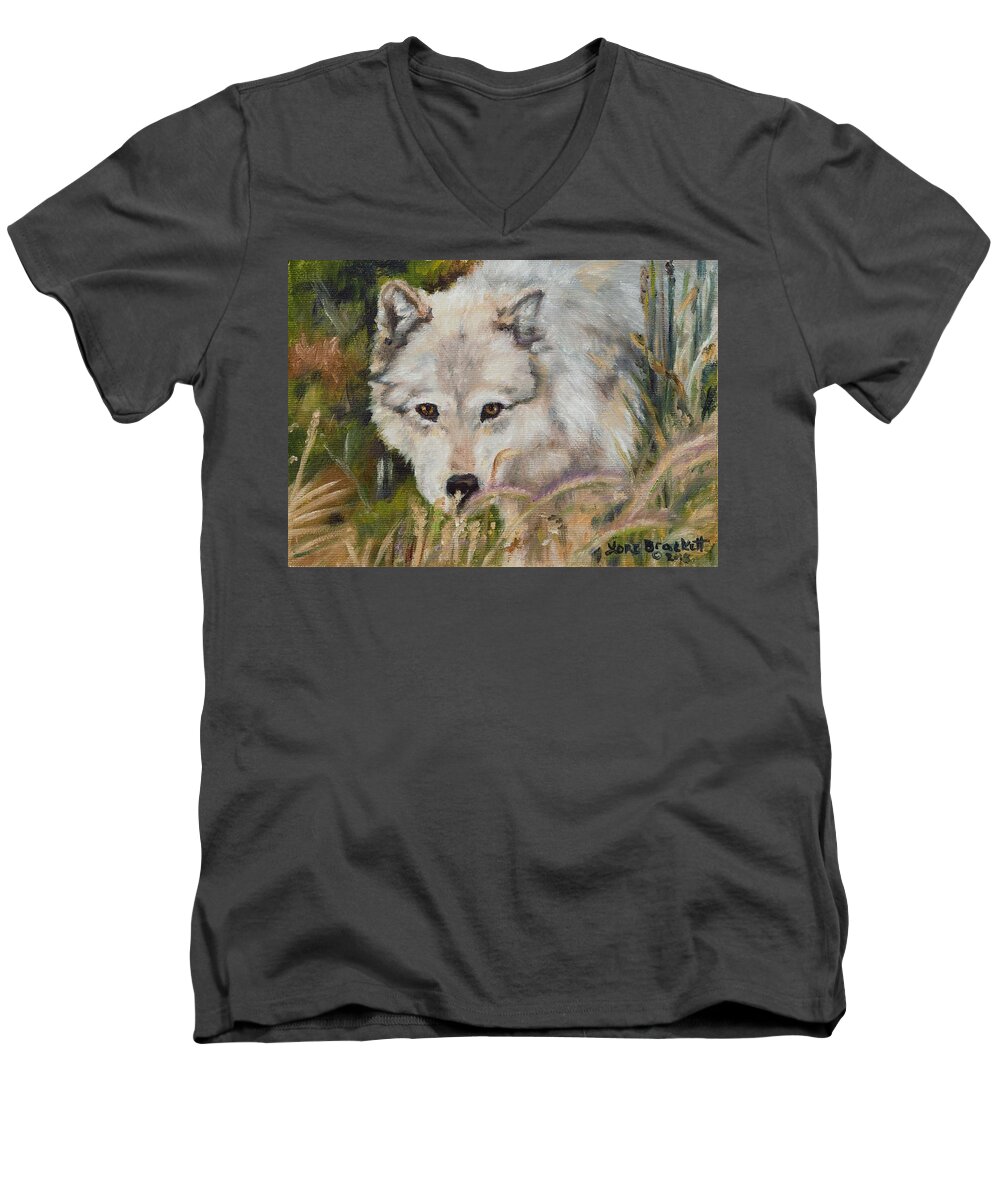 Wolf Men's V-Neck T-Shirt featuring the painting Wolf Among Foxtails by Lori Brackett