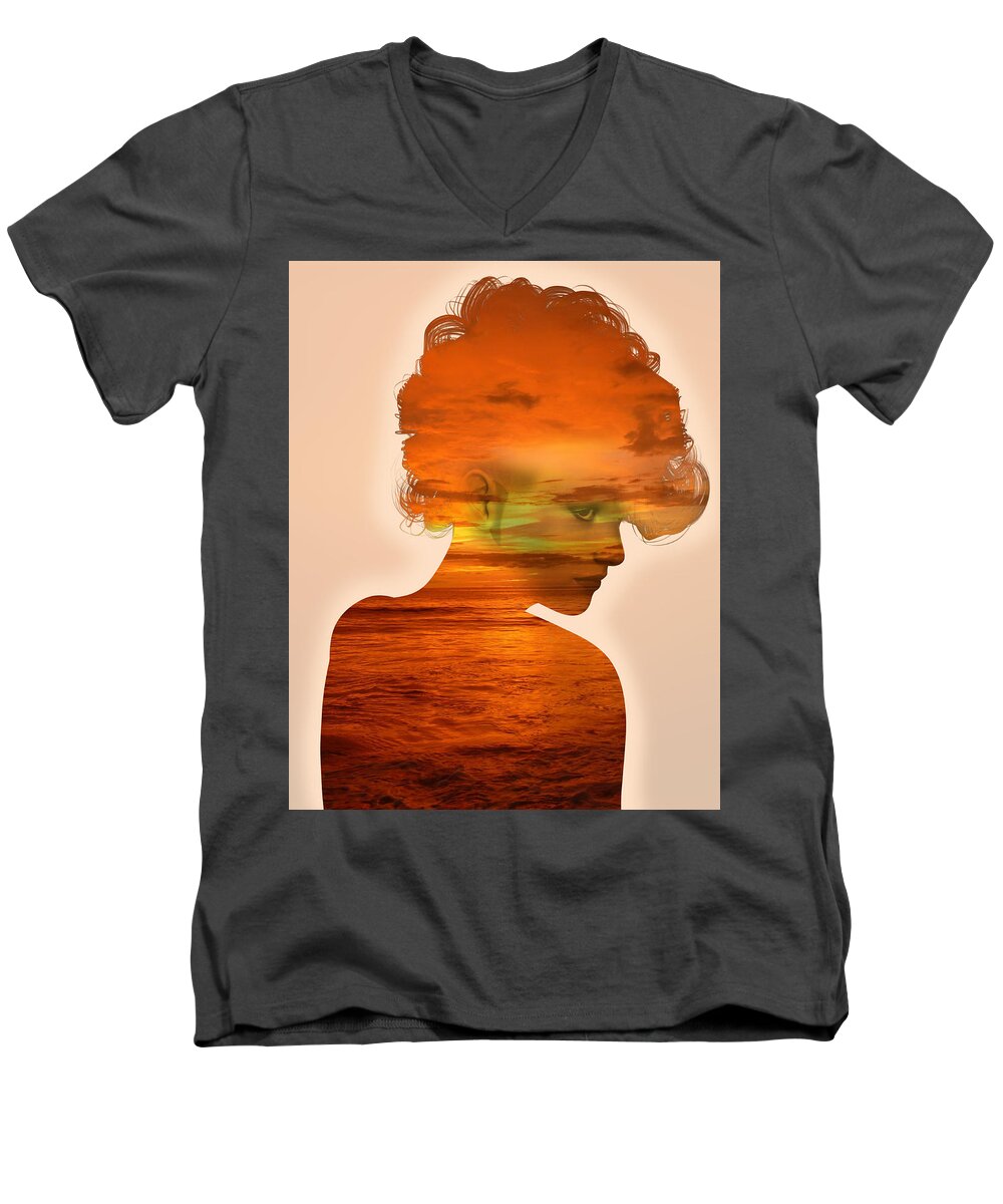Portrait Men's V-Neck T-Shirt featuring the digital art Woman and a Sunset by Anthony Murphy