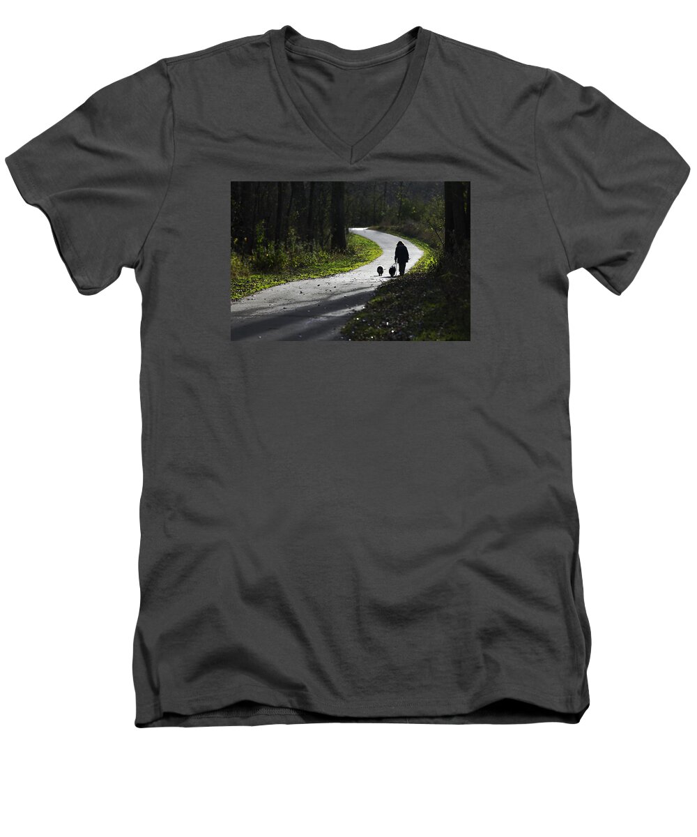People Men's V-Neck T-Shirt featuring the photograph Woman and Border Collies by David Ralph Johnson