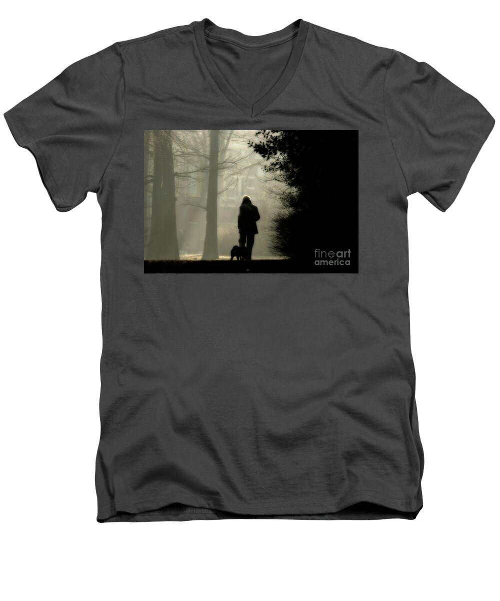 Morning Men's V-Neck T-Shirt featuring the photograph Woman walking dog by Patricia Hofmeester
