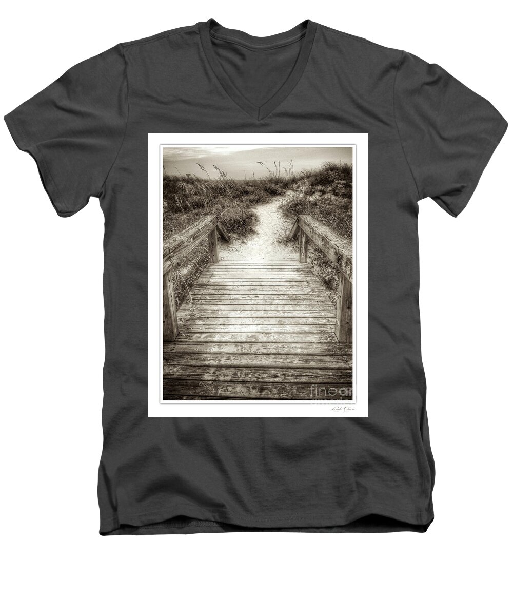 Beach Men's V-Neck T-Shirt featuring the photograph Wood Walkway Sepia by Linda Olsen