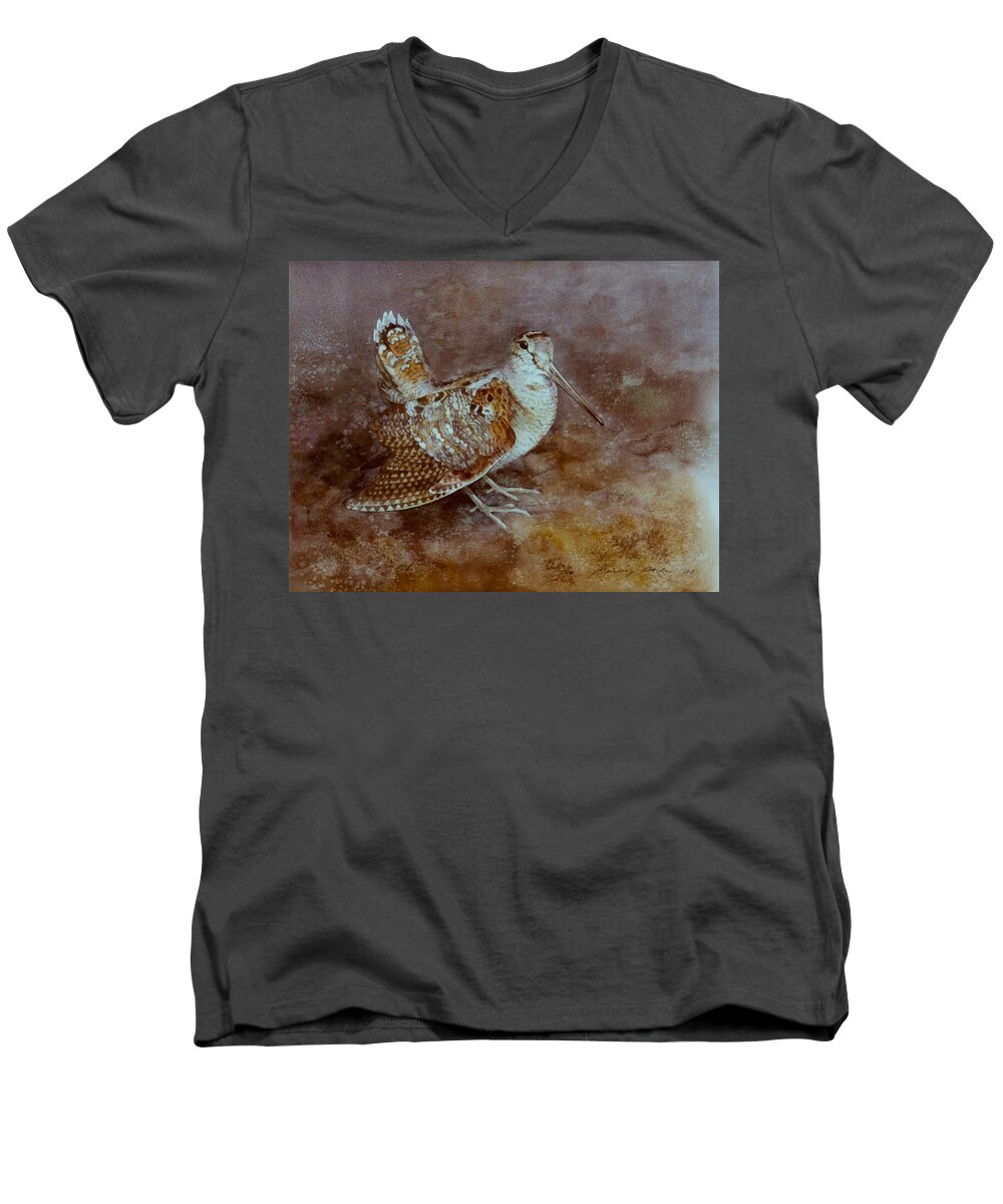 Woodcock Men's V-Neck T-Shirt featuring the painting Woodcock by Attila Meszlenyi