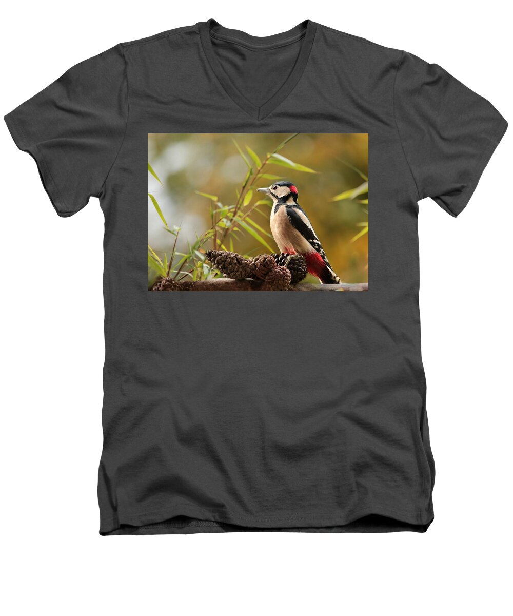 Woodpecker Men's V-Neck T-Shirt featuring the photograph Woodpecker 3 by Heike Hultsch