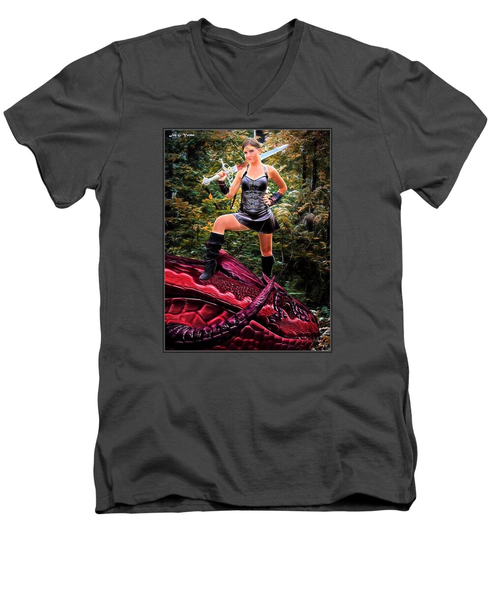 Xena Men's V-Neck T-Shirt featuring the painting Xena Meets Dragon by Jon Volden