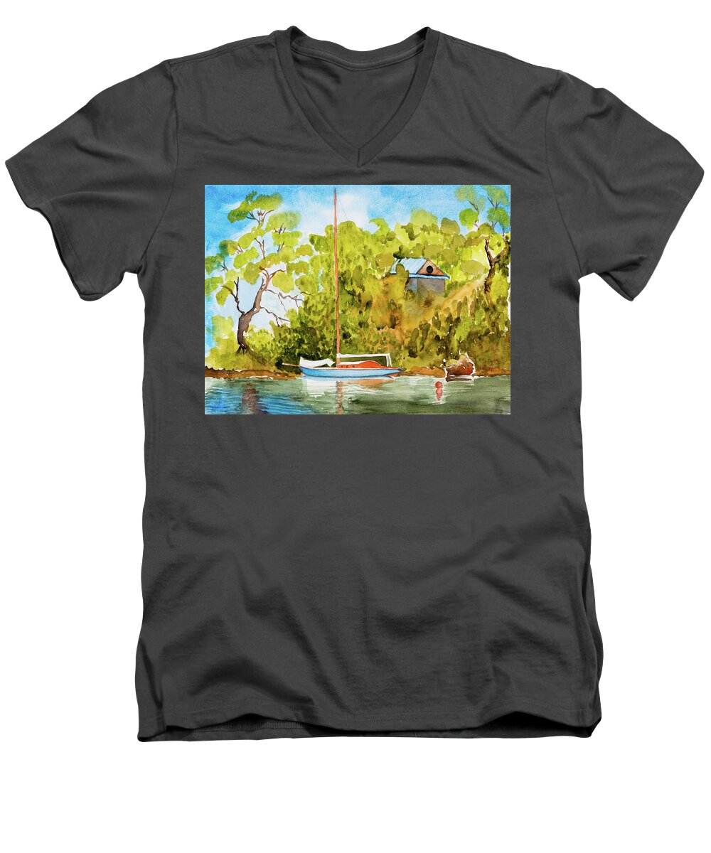 Yacht Men's V-Neck T-Shirt featuring the painting Yacht Weene' in Barnes Bay by Dorothy Darden