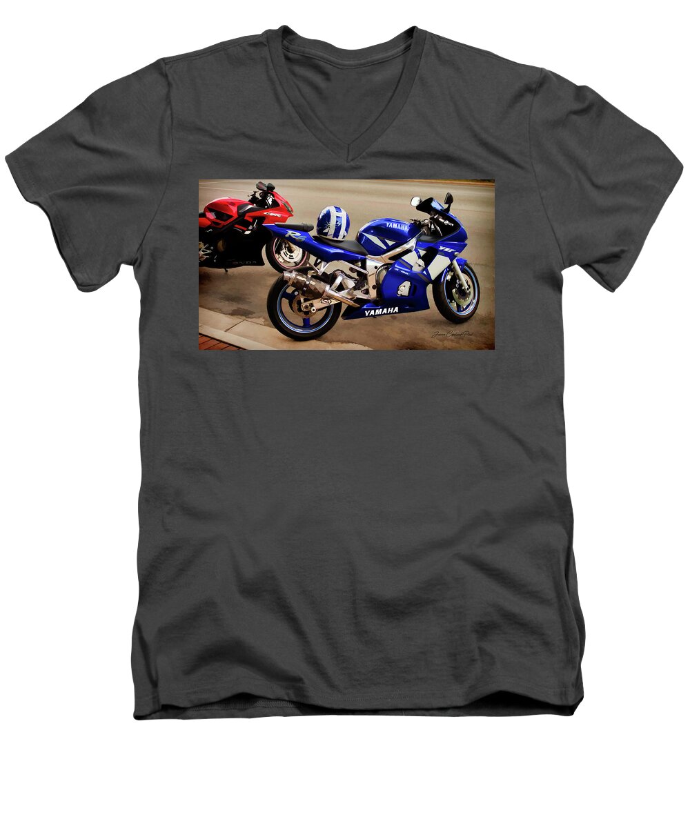 Sport Bike Men's V-Neck T-Shirt featuring the photograph Yamaha YZF-R6 Motorcycle by Joann Copeland-Paul