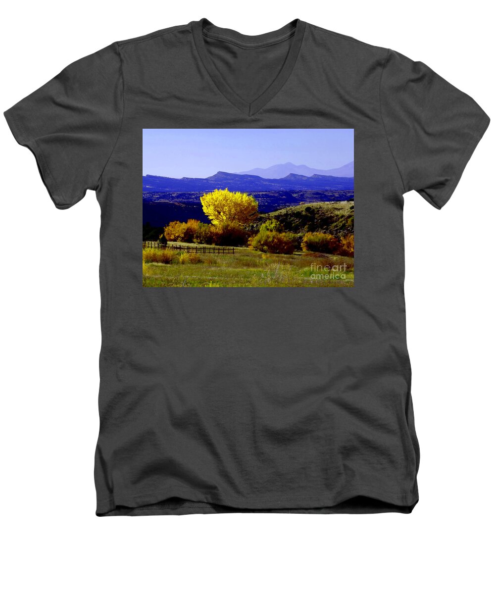 Yellow Cotton Wood Red Vale Colorado Men's V-Neck T-Shirt featuring the digital art Yellow Cotton Wood red Vale Colorado by Annie Gibbons