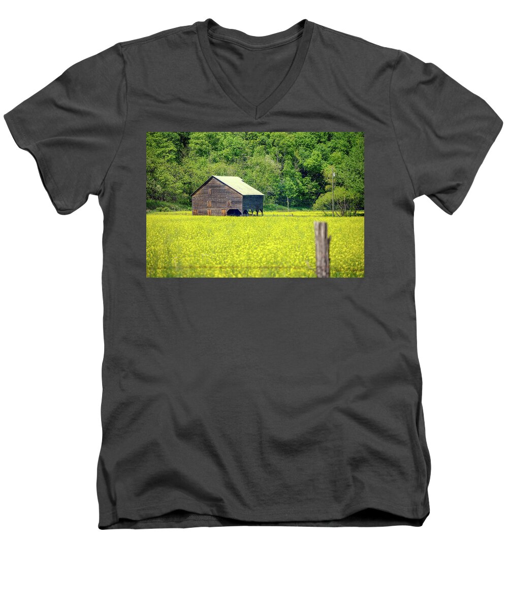 Barb Wire Men's V-Neck T-Shirt featuring the photograph Yellow Field Rustic Shed by Doug Ash