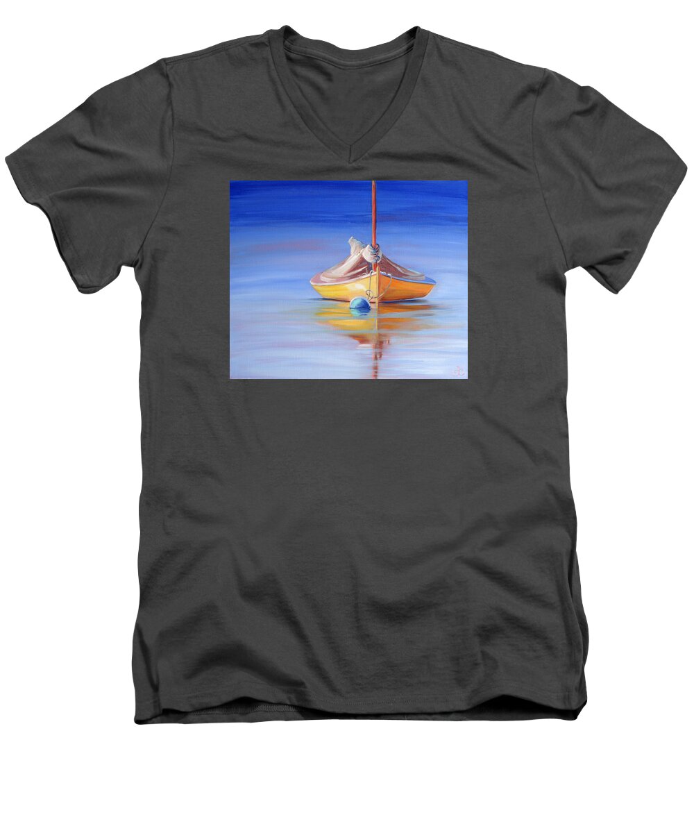 Vineyard Colors Men's V-Neck T-Shirt featuring the painting Yellow Hull Sailboat IV by Trina Teele
