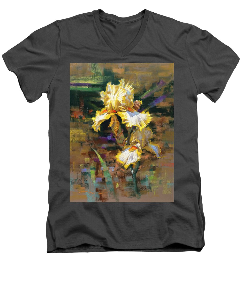 Mark Mille Men's V-Neck T-Shirt featuring the pastel Yellow Iris II by Mark Mille