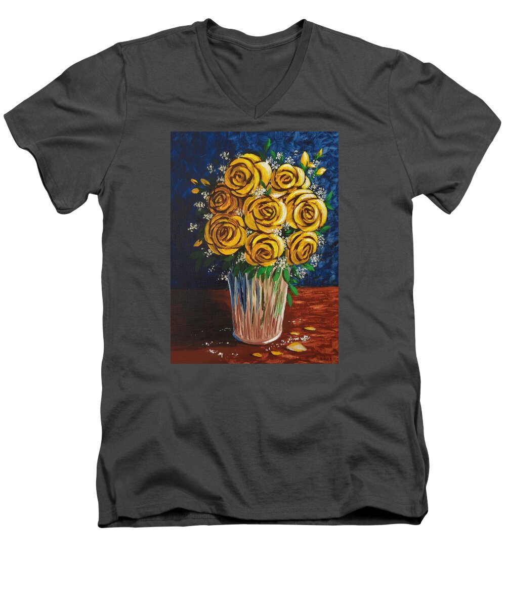 Yellow Men's V-Neck T-Shirt featuring the painting Yellow Roses by Katherine Young-Beck