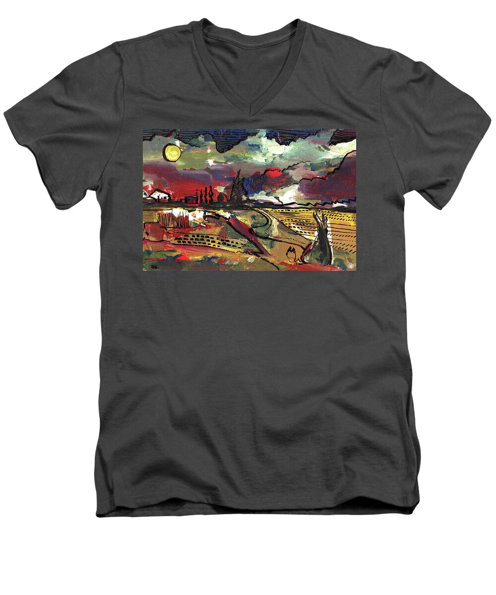  Men's V-Neck T-Shirt featuring the painting Yellow Sun by John Gholson