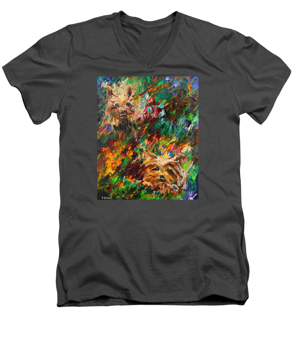 Yorkies Men's V-Neck T-Shirt featuring the painting Yorkies by Kevin Brown