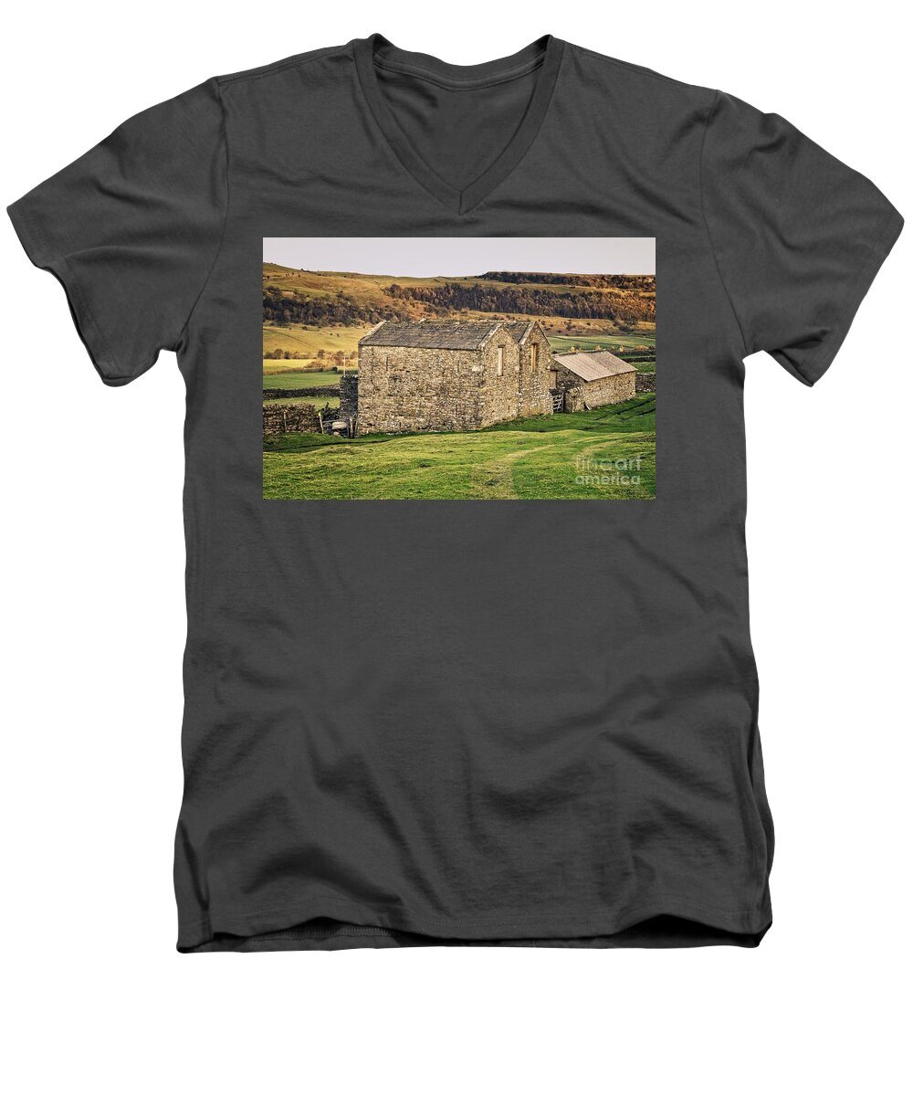 Reeth Men's V-Neck T-Shirt featuring the photograph Yorkshire Stone Barns by Martyn Arnold