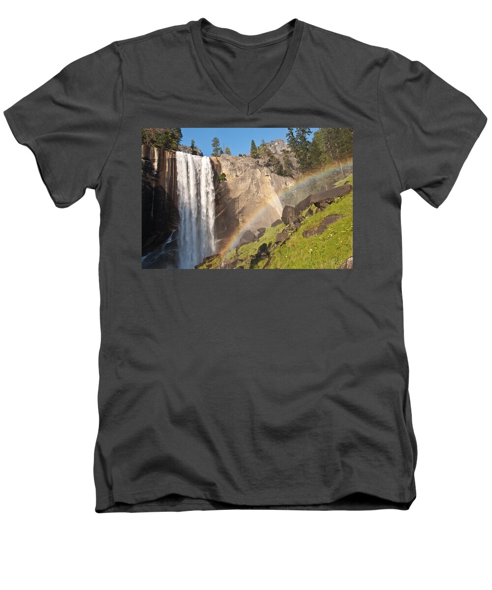 Yosemite National Park Men's V-Neck T-Shirt featuring the photograph Yosemite Mist Trail Rainbow by Shane Kelly