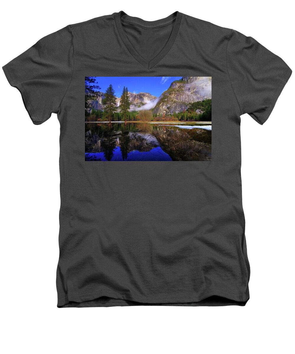 Yosemite Men's V-Neck T-Shirt featuring the photograph Yosemite Winter Reflections by Greg Norrell