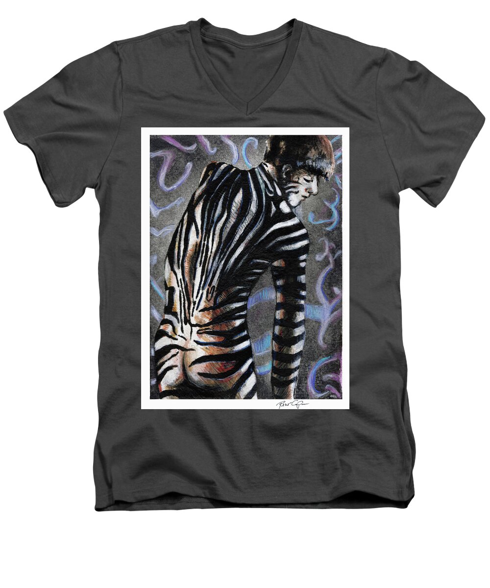 Zebra At Dawn Men's V-Neck T-Shirt featuring the painting Zebra Boy at Dawn by Rene Capone