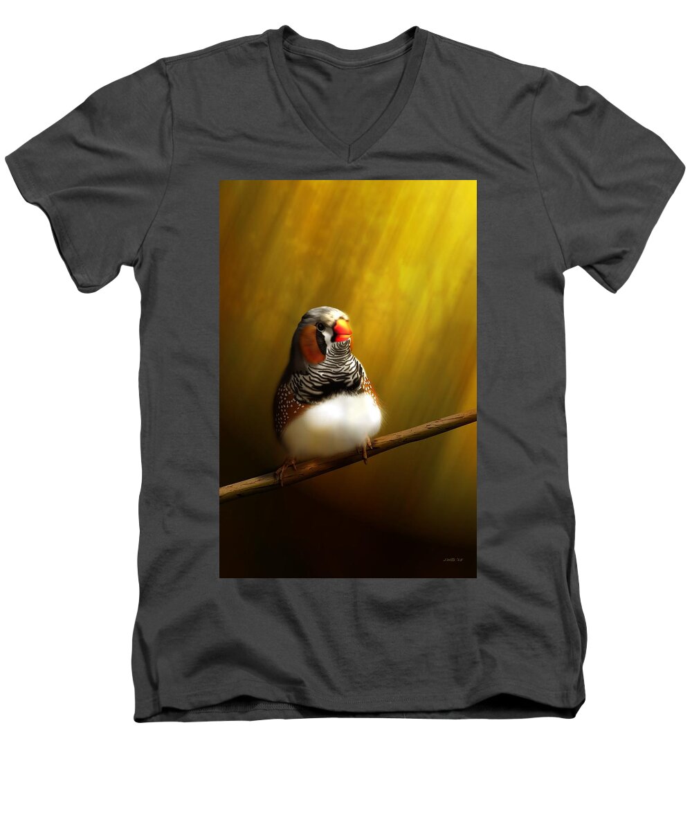 Small Birds Men's V-Neck T-Shirt featuring the digital art Zebrafinch portrait by John Wills