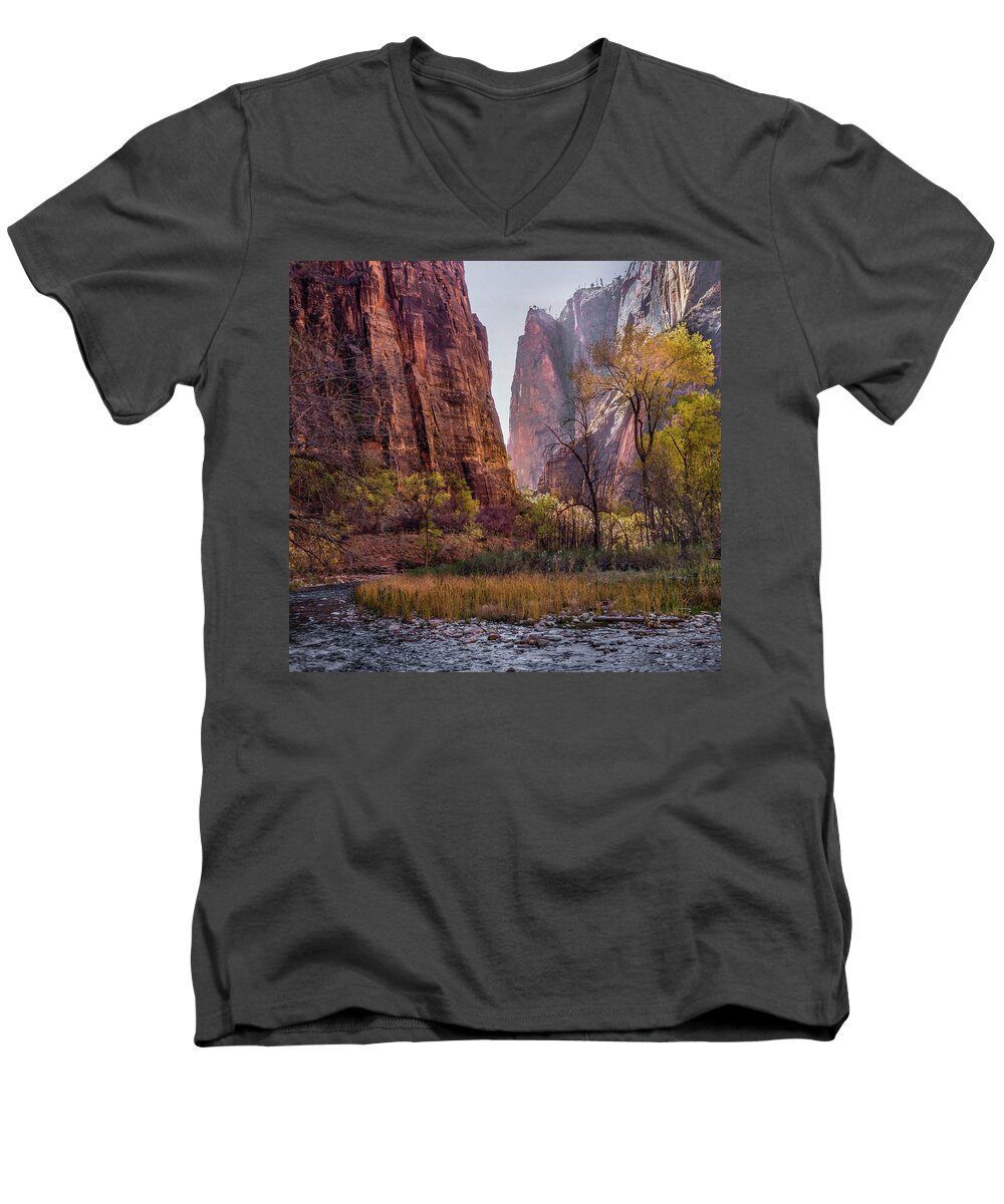 Zion Men's V-Neck T-Shirt featuring the photograph Zion Canyon by James Woody