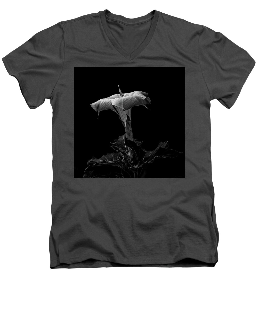 Datura Men's V-Neck T-Shirt featuring the photograph Datura in black and white #2 by Alessandra RC