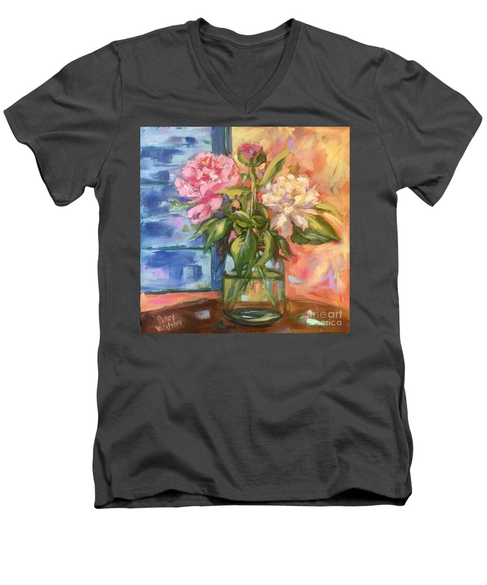 Peonies Men's V-Neck T-Shirt featuring the painting Freshly Picked by Patsy Walton