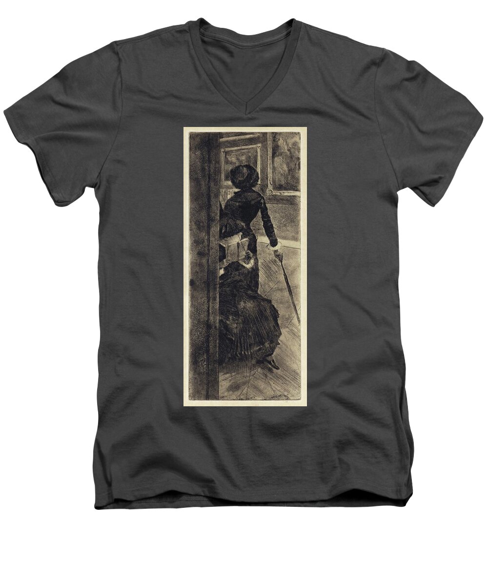 Mary Cassatt Men's V-Neck T-Shirt featuring the painting Mary Cassatt At The Louvre; The Paintings Gallery by Edgar Degas