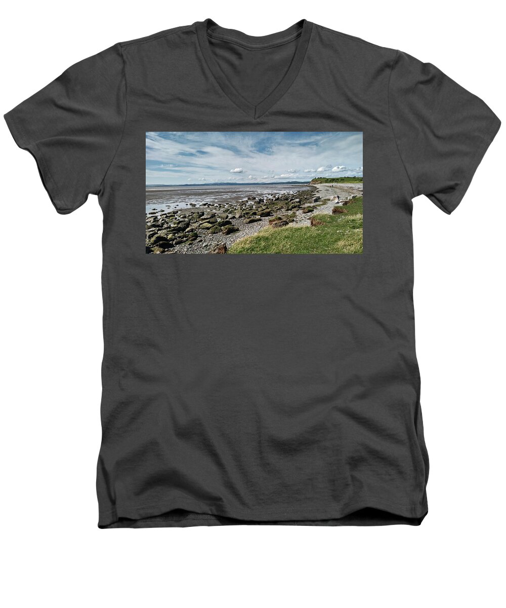 Morecambe Men's V-Neck T-Shirt featuring the photograph MORECAMBE. Hest Bank. The Shoreline. #1 by Lachlan Main