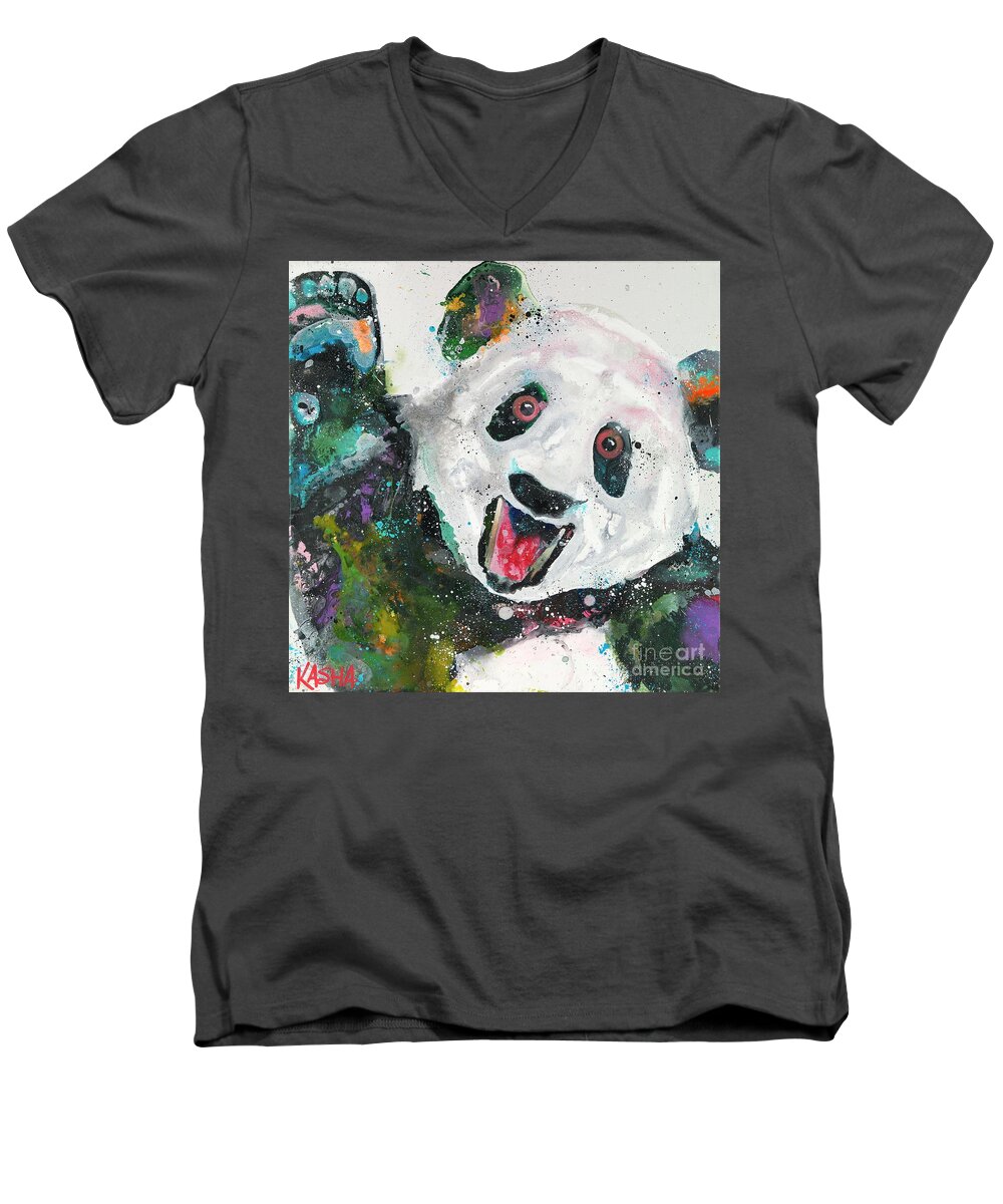 Panda Men's V-Neck T-Shirt featuring the painting Pandamonium by Kasha Ritter