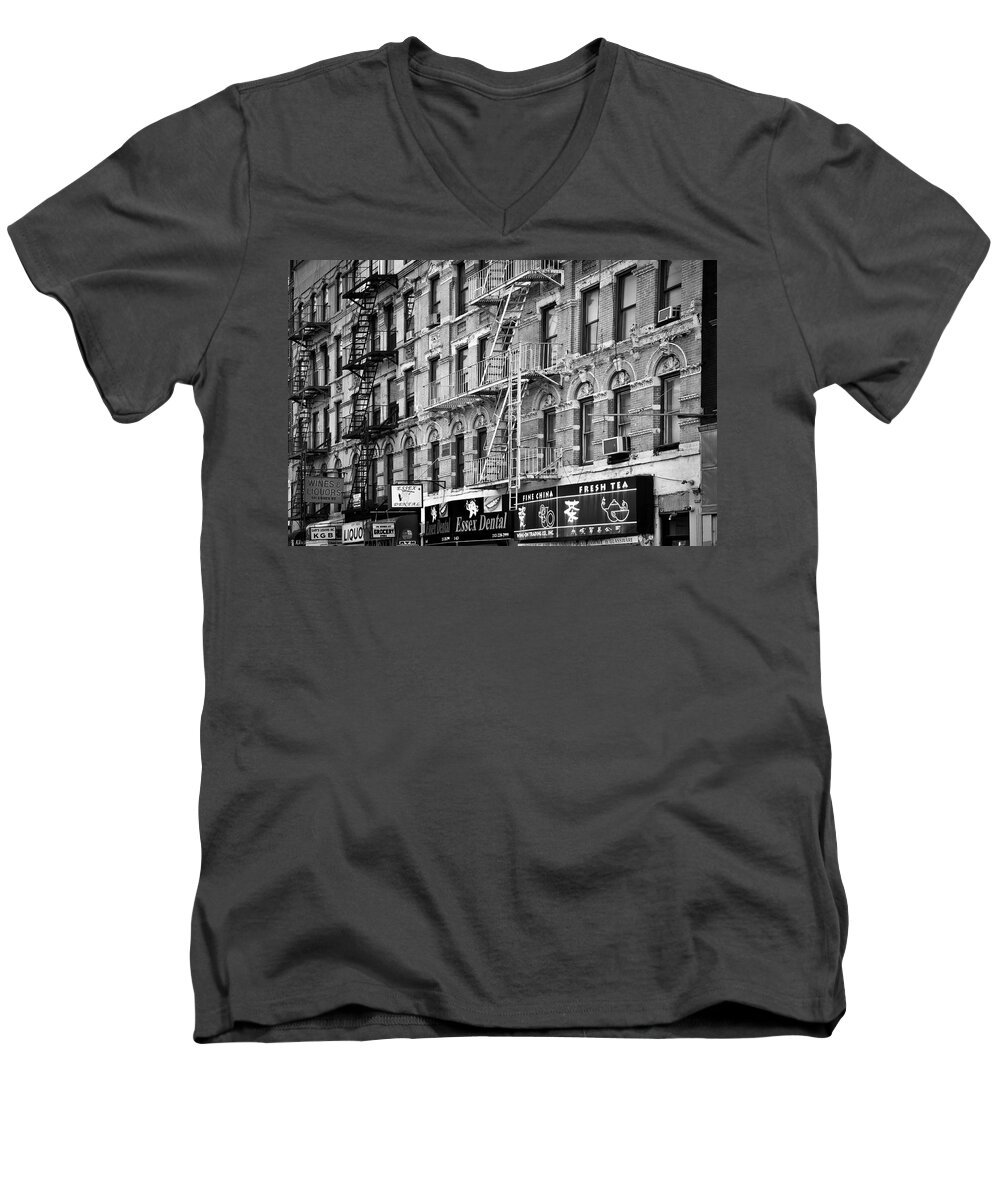 New York Men's V-Neck T-Shirt featuring the photograph The Lower East Side of Manhattan #19 by Bob Estremera