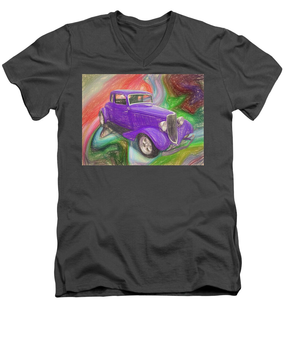 34 Ford Purple Men's V-Neck T-Shirt featuring the digital art 1934 Ford Colored Pencil by Rick Wicker