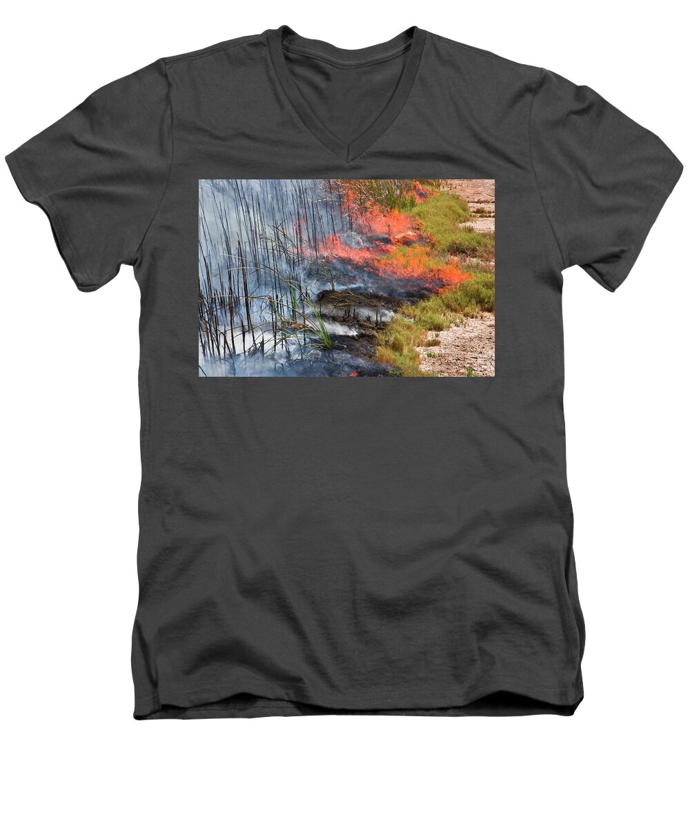 Animal Men's V-Neck T-Shirt featuring the photograph Controlled Burn Of Dense Cattail Marsh At The Sonny Bono #2 by Jenny E. Ross / Naturepl.com