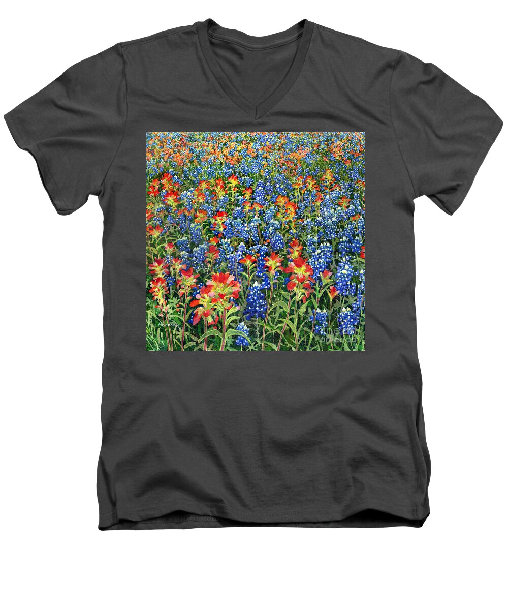 Wild Flower Men's V-Neck T-Shirt featuring the painting Spring Bliss -Bluebonnet and Indian Paintbrush by Hailey E Herrera