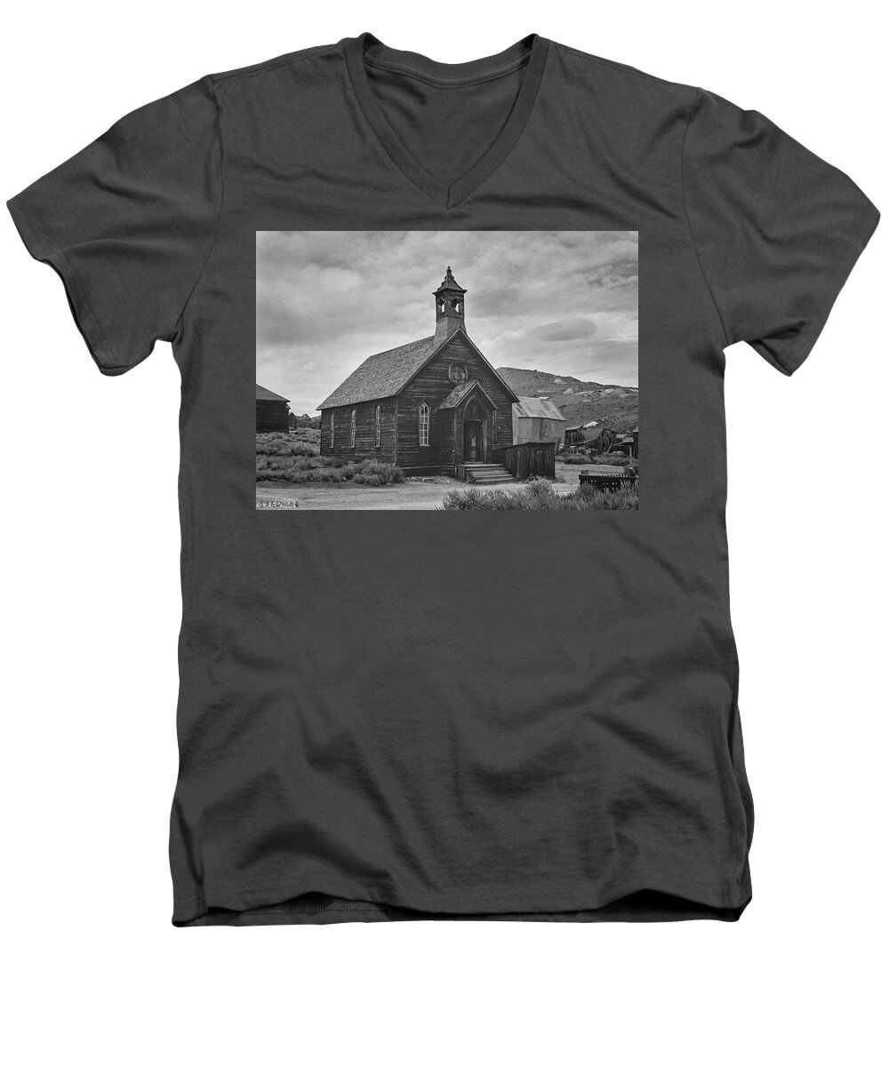 Bodie Men's V-Neck T-Shirt featuring the photograph Bodie Church #3 by Mike Ronnebeck