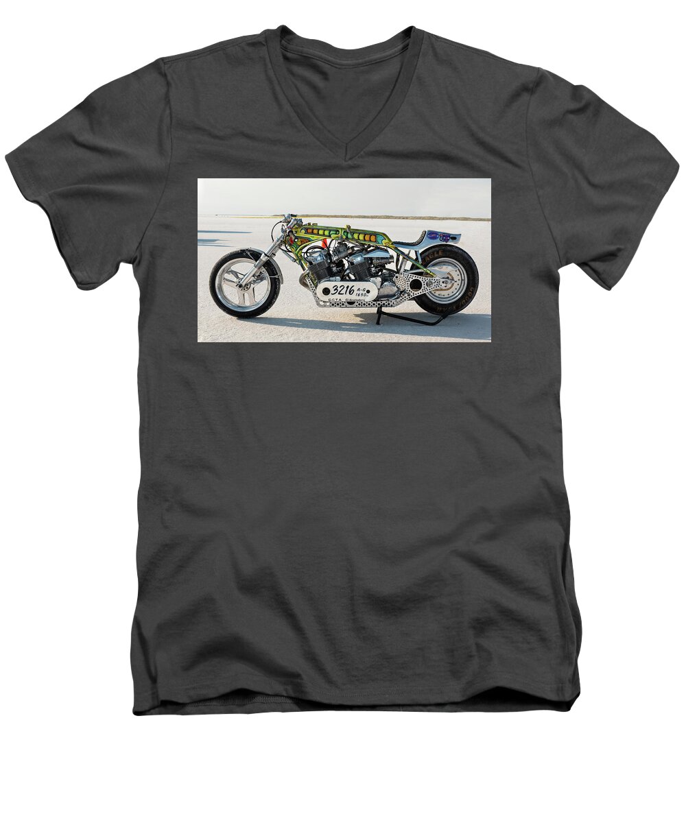 Bonneville Men's V-Neck T-Shirt featuring the photograph #3216 Speedweek 2018 #3216 by Andy Romanoff