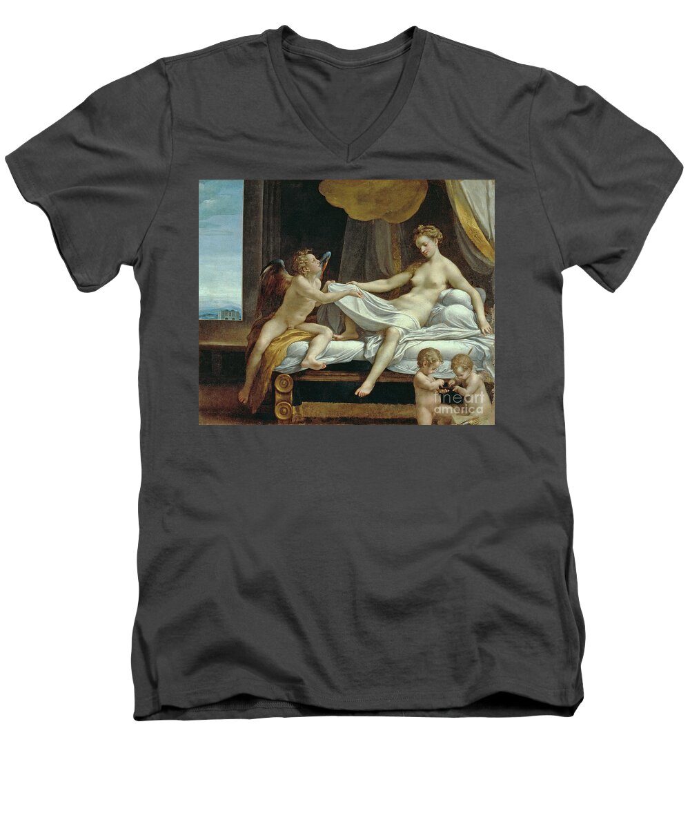 Lover Men's V-Neck T-Shirt featuring the painting Danae by Correggio