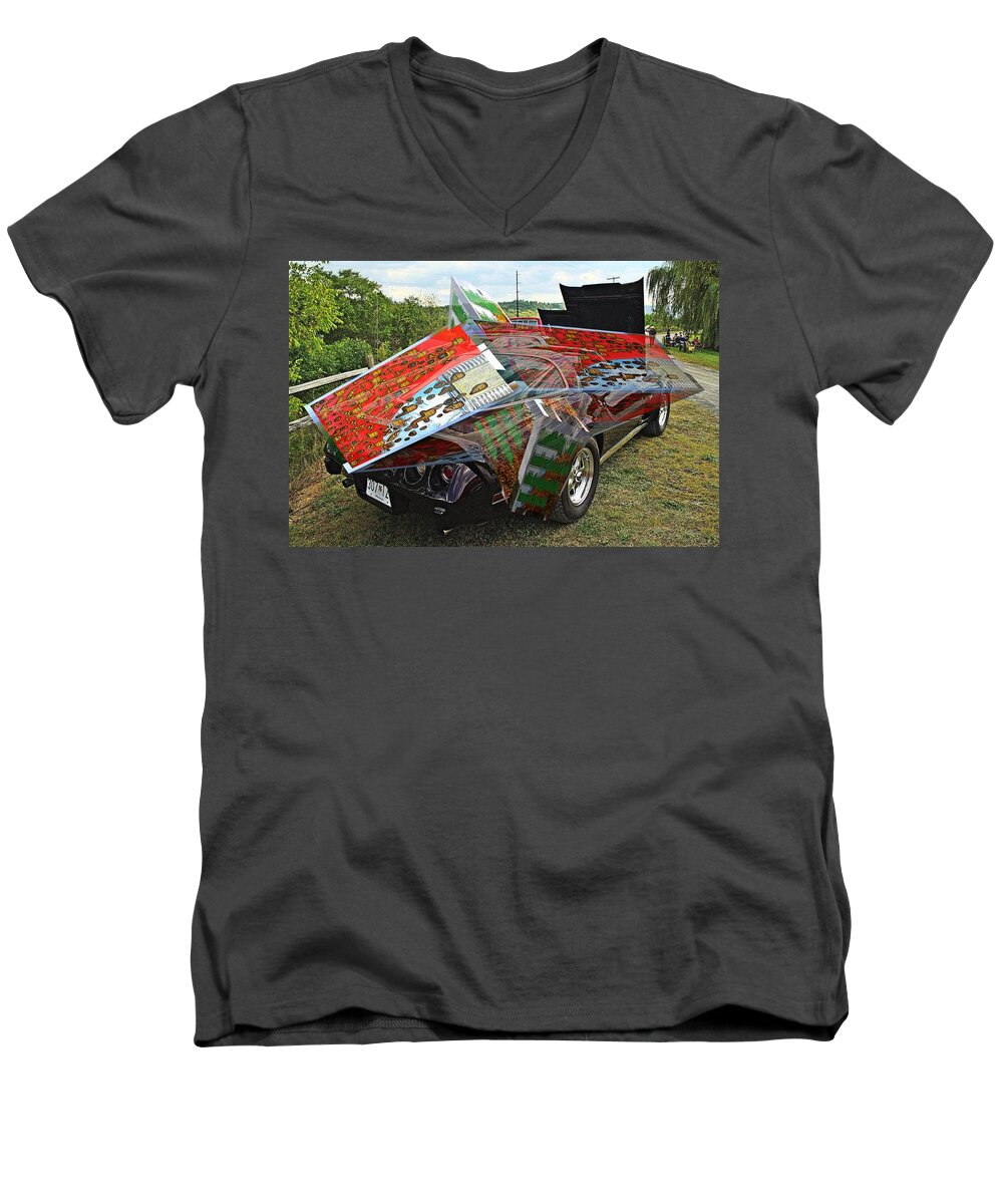 Cars Men's V-Neck T-Shirt featuring the digital art Old car with 3D text boxes #4 by Karl Rose