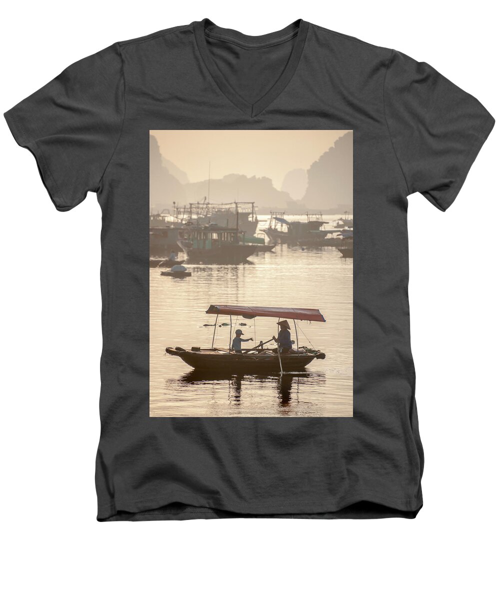 Ha Long Bay Men's V-Neck T-Shirt featuring the photograph Ha Long Bay #8 by Gouzel -