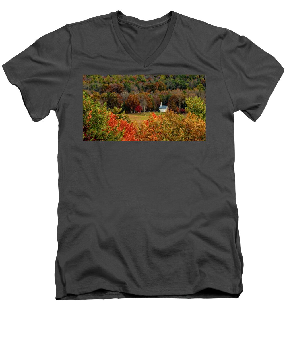 Church Men's V-Neck T-Shirt featuring the photograph A Rich View by Marcy Wielfaert