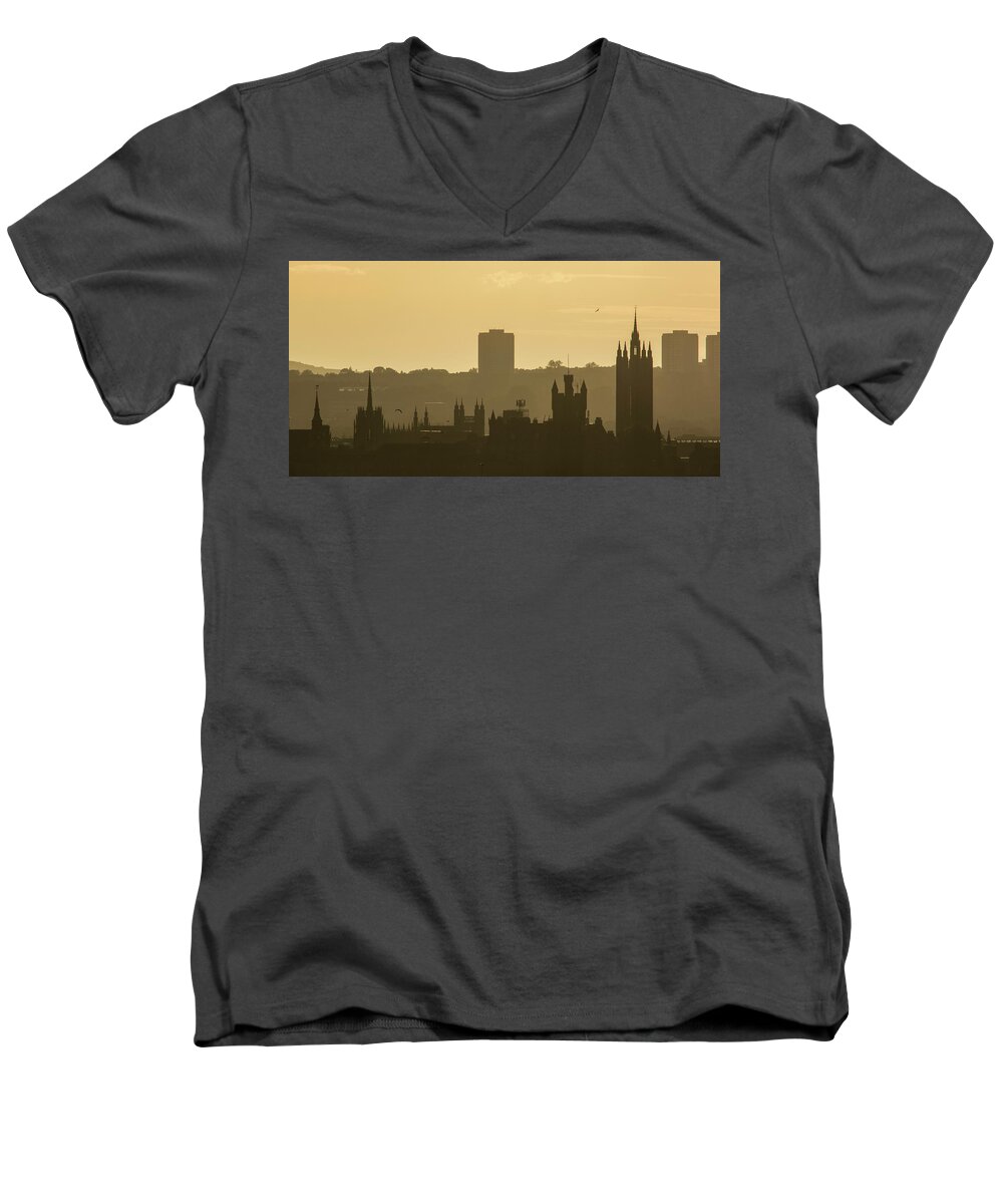 Aberdeen Men's V-Neck T-Shirt featuring the photograph Aberdeen Skyline Silhouettes by Veli Bariskan